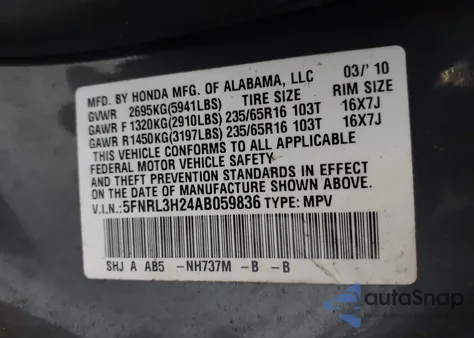 2010 Honda Odyssey Lx z USA, uszkodzony, nr VIN 5FNRL3H24AB059836